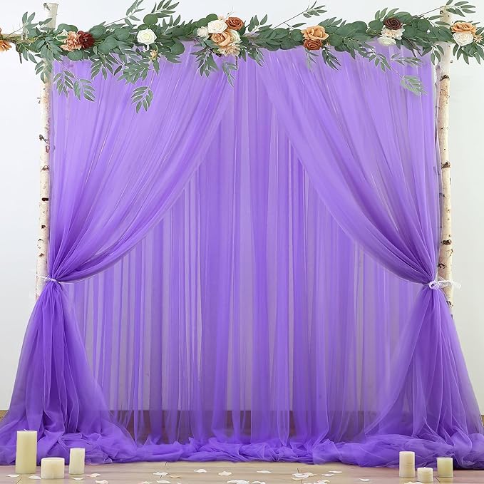 Purple Sheer Backdrop Curtain for Baby Shower Girls Birthday Party 10ft X 10 ft, 2 Panels Purple Tulle Backdrop Curtains Drapes for Wedding Photoshoot Background Decorations