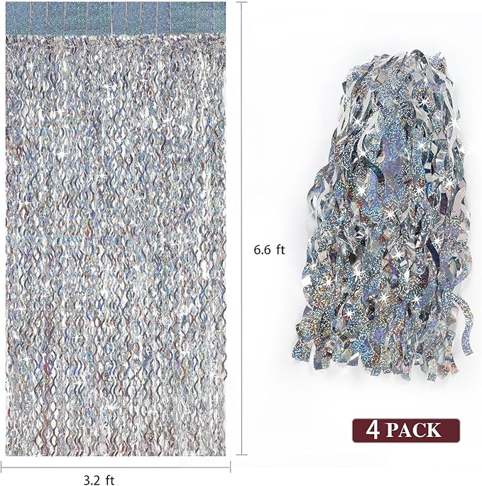 4 Pack Silver Tinsel Backdrop - CYLMFC 3.3 ft x 6.6 ft Streamer Metallic Tinsel Foil Fringe Curtains Photo Booth Props Wall Curtains for Bachelorette Birthday Party Decor