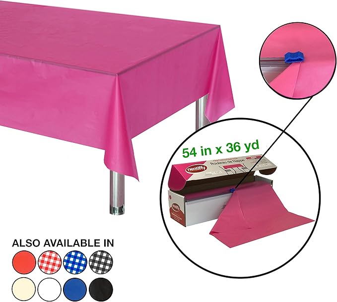 Pink Disposable Plastic Tablecloth Roll with Slide Cutter, 54 x 1296 Inch