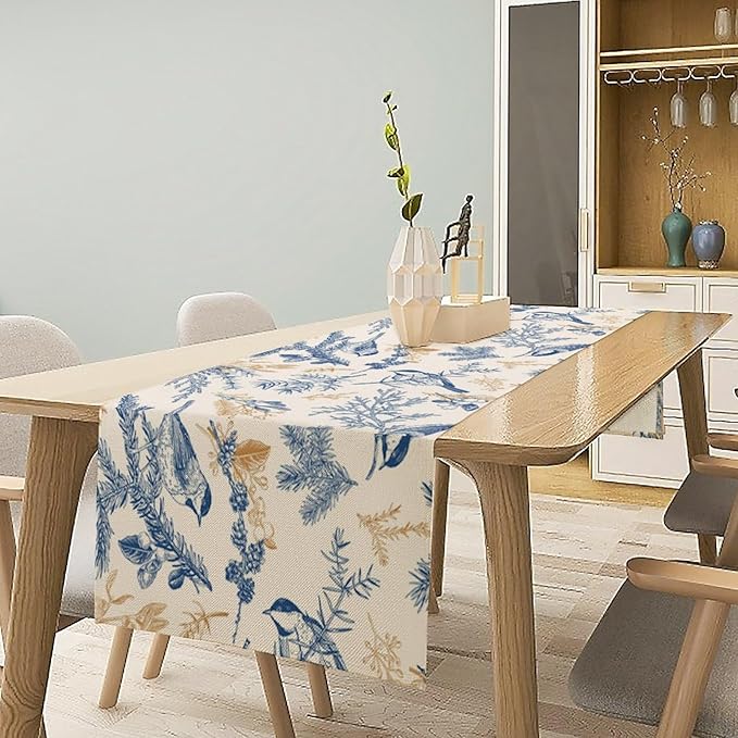 Chinoiserie Flowers Table Runner, Seasonal Spring Fall Plants Blue Florals Birds Dinner Runner for Home Kitchen Dining Table Party Holiday Decoration 13"x90"