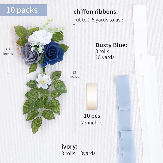 Artificial Rose Wedding Aisle Flowers, 10 Pieces, Blue with Chiffon Ribbon