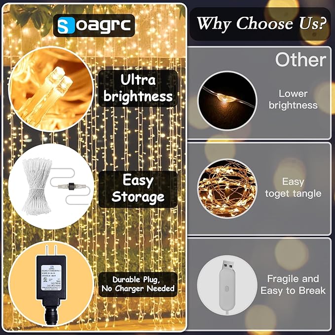 200 LED Curtain String Lights 9.8 * 6.6FT Plug in Fairy with Timer and 8 Modes, Waterproof Window Wall for Bedroom Wedding Party Indoor Outdoor Christmas Decor