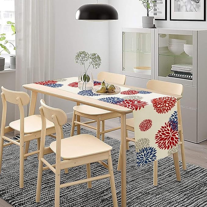4th of July Table Runner, Blue Red Dahlia Flower American Patriotic Memorial Day Table Runner for Farmhouse Kitchen Dining Table Party Decor, 13x90inch