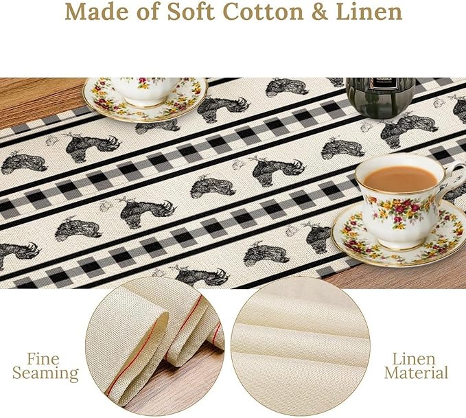 Rooster Table Runner,Farmhouse Animal Vintage Chicken Black White Plaid Check Tablecloth Burlap for Hotel Indoors Outdoor Dining Room Kitchen Home Decor,W13X L36 in