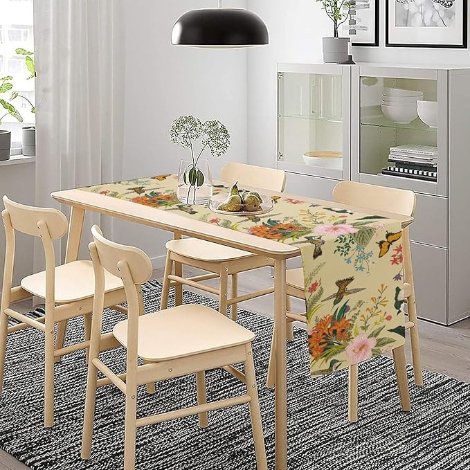 Brown Bird Floral Table Runner Spring Flower Kitchen Table Decoration Suitable for Family Dinner Decoration 13x90 Inch