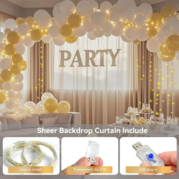 10×10ft Tulle Backdrop Curtains with Lights String - 300LED Fairy Lights Sheer Curtain Backdrop for Weddings Baby Shower and Birthday Party Decorations(2 Panels 5×10ft)