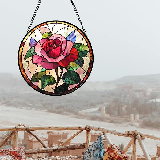Stained Glass Window Hanging - Pink Rose Suncatcher for Door Garden Home Decor Birth Flower Sun Catcher Christmas Birthday for Friend Lovers Women Mom Nana 11.8 in