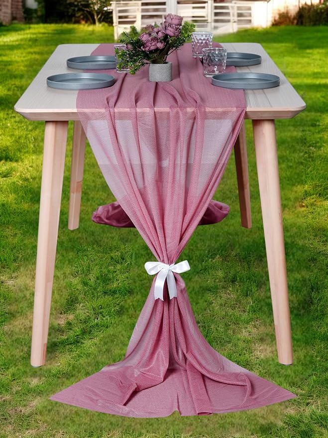 MDS 2 Pack 14ft Chiffon Table Runner 29 x 170 Inches Sheer Wedding Runner Romantic Rustic Table Runner for Wedding Decorations, Birthday Parties, Bridal Shower Party Arch Decor - mauva