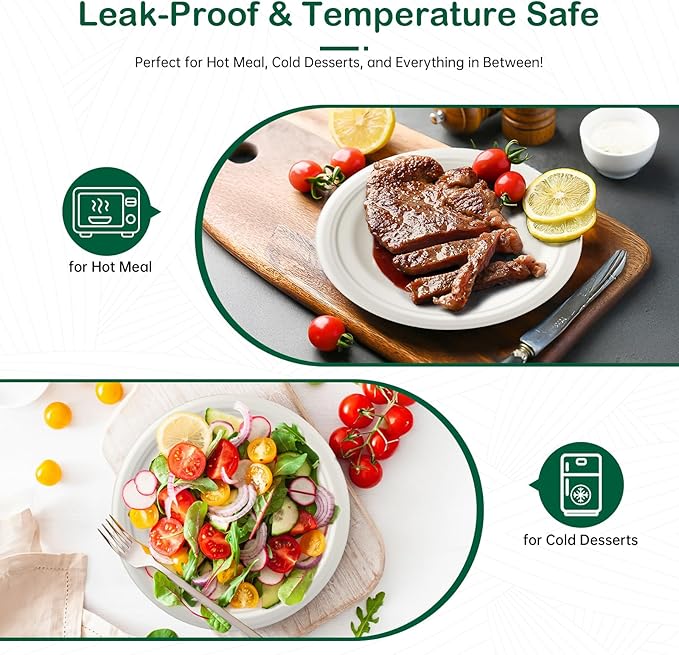 𝟗 𝐈𝐧𝐜𝐡, 𝟏𝟐𝟖-𝐏𝐚𝐜𝐤 Compostable Paper Plates, Heavy-Duty Biodegradable Disposable Dish Made from Bagasse, Perfeck for Snacks, Desserts, Party, Wedding and More (White)