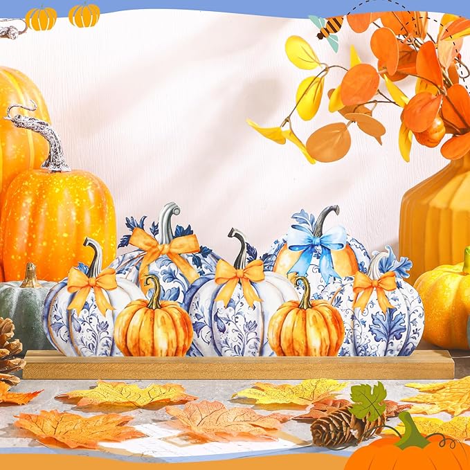 Fall Pumpkin Metal Sign Chinoiserie Pumpkin Table Decor Thanksgiving Tiered Tray Decor with Wooden Base Freestanding Metal Word Sign for Home Tabletop Centerpiece Mantel Shelf Fireplace
