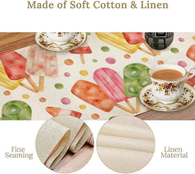 Summer Popsicles Table Runner, Watercolor Colorful Fruit Ice Cream Pops Berry Kiwi Cold Summer Sweet Seasonal Dinner Runner for Party Holiday Home Kitchen Dining Table Decor 13"x70"