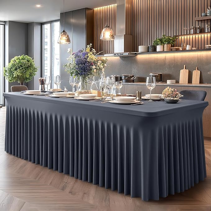 Wish Care 6 Pack Gray Spandex Table Clothes for 8 Foot Rectangle Tables, 8FT Wrinkle Free Fitted Tablecloths Ruffles Design Table Cover for Party, Banquet, Wedding and Events