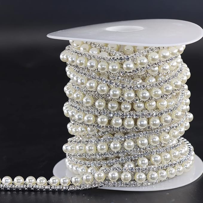 Jerler Rhinestone Trim Applique 2 Yards 2 Rows Crystal Chain Banding Diamond Inlaid White Pearl Beaded Rhinestones for Crafts Clothing and Bridal Embellishments Wedding Ideas Christmas Decorations