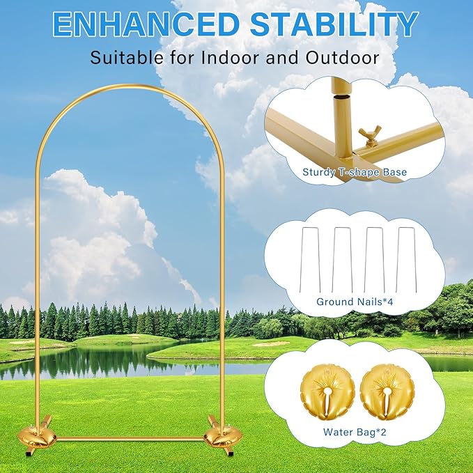 Heavy Duty Metal Arch Backdrop Stand, 7.2FT Stable Gold Arch Stand with Ground Stakes and Water Bags, Balloon Arch Stand for Wedding Party Baby Shower Photo Flower Arch Decration (7.2FT)