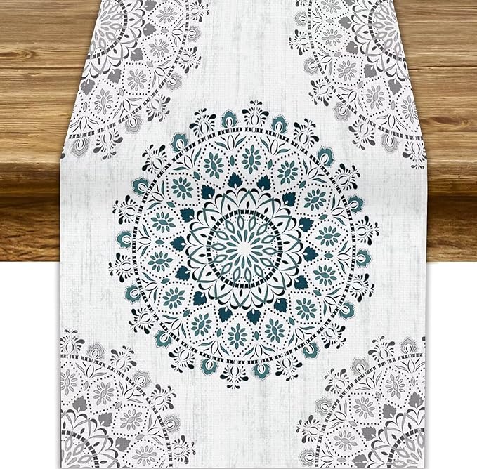 Boho Flower Table Runner, Bohemian Turquoise Mandala White Teal Floral Kitchen Dining Table Runners for Indoor Outdoor Home Party Holiday Decor, 13x120inch