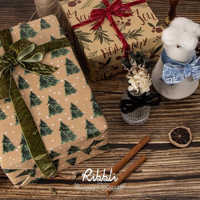 Ribbli Black Velvet Ribbon 1 Inches Luxury Crinkled Black Christmas Ribbon for Gift Wrapping Crafts Home Decor-Continuous 10 Yard