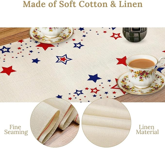 4th of July Table Runner, American Stars Patriotic Independence Day Table Runner for Indoor Outdoor Party Home Kitchen Dining Table Decor, Blue Red, 13x36inch