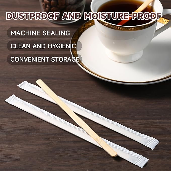 VIWIK 500 Pack Coffee Stirrers 5.5 Inch Coffee Bar Accessories - Individually Wrapped Wood Bamboo Coffee Stir Sticks, Disposable Bamboo Stir Sticks