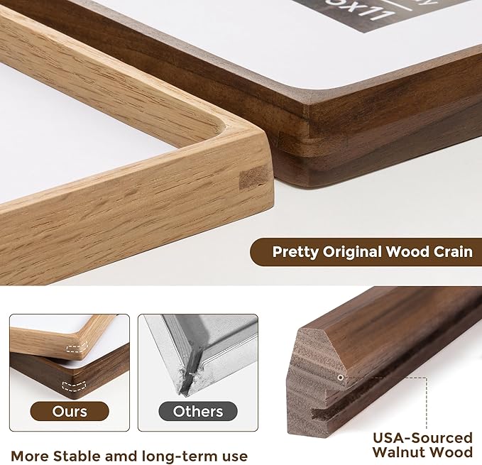 16x20 Frames USA-Sourced Natural Walnut Wood Solid Wood Picture Frame Handcrafted Rounded Corner with Mat to 11x14 Display with Real Glass Family Picture, Wedding Picture