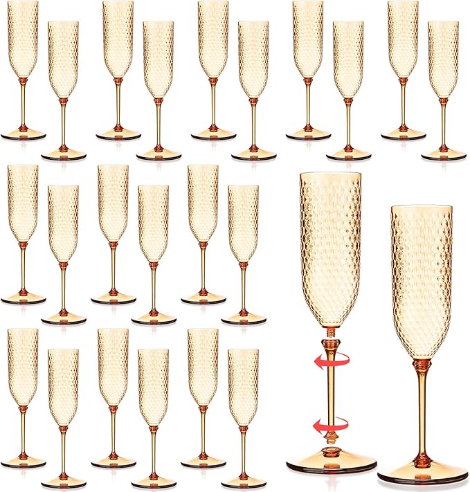 Champagne Glasses 24 Pack, 5.5 oz Plastic Flutes with Removable Stems