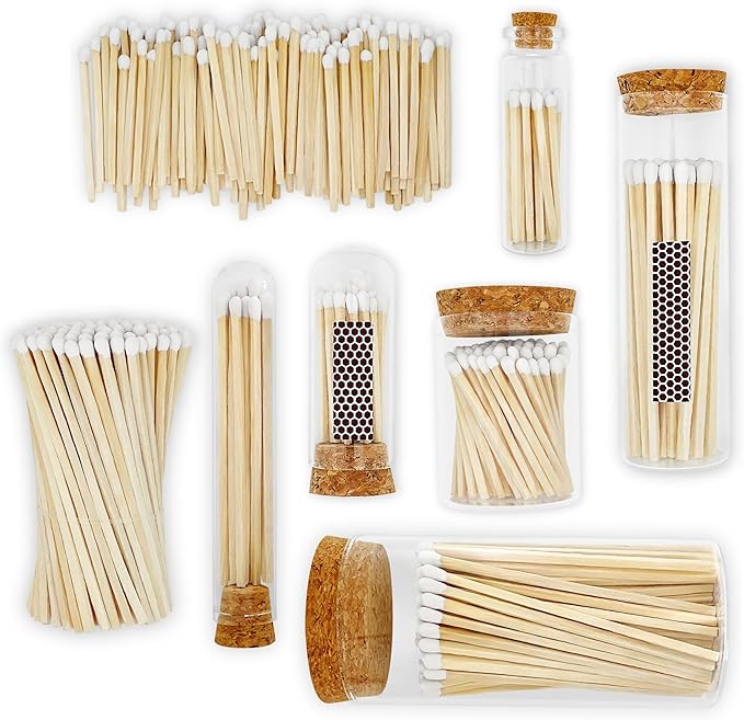 2" White Tip Matches with 3 Mini Cloche Jar + Striker Stickers Included | 100 Classic White Decorative Matches with a Small Glass Holder | Gifts, Home Decor, & Candle Accessories by Thankful Greetings