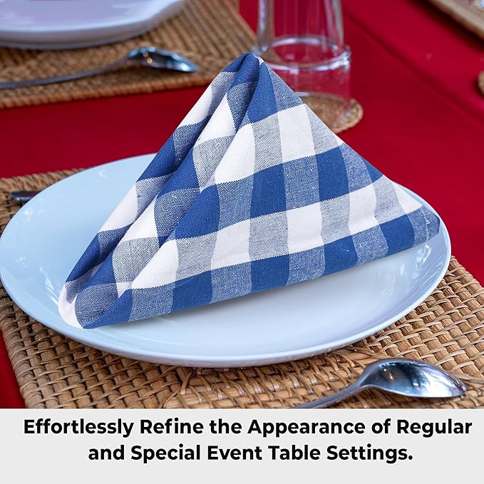 Cloth Dinner Napkins, 100% Cotton Checkered Blue and White, 20x20 Inch