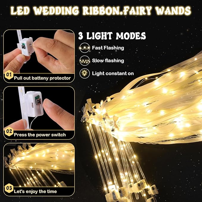 25 Pcs Wedding Wands Ribbon Streamers with 3 Colorful Flashing Modes, Light up LED Silk Fairy Wands, Glow Lace Stick with Bells for Wedding Reception, Graduation, New Year, Birthday Party (Warm White)
