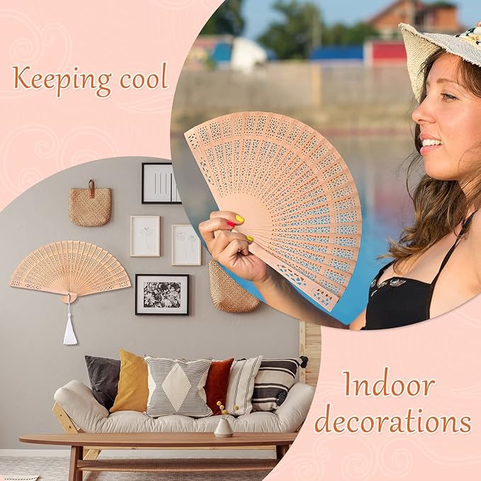 Qunclay 60Pcs Wooden Hand Fans Folding Wedding Fans for Guest Chinese Hollow Pattern with White Tassel and Gift Bag for Wedding Bridal Shower Birthday Party Favors Gift and Home Decor(Delicate Style)