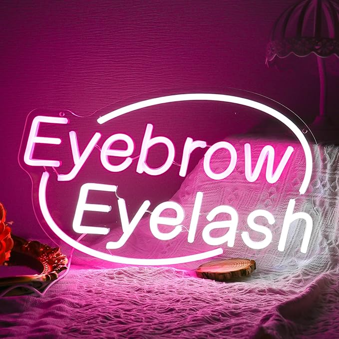 Eyebrows Eyelash Neon Sign, Pink and White Letter Neon Lights For Wall Decor, Girls Makeup Room Bedroom Beauty Salon Eyelash Studio Decoration（16.5 X 10.2 inch）
