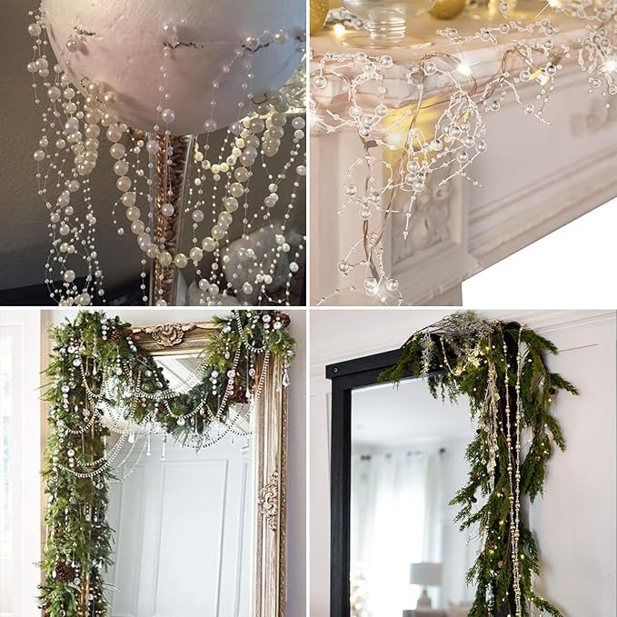 98FT Pearl Beads String Garland, 8mm 3mm White Faux Pearl Beads Roll Strand Bulk for Wedding Party Flower Christmas Decoration DIY Craft