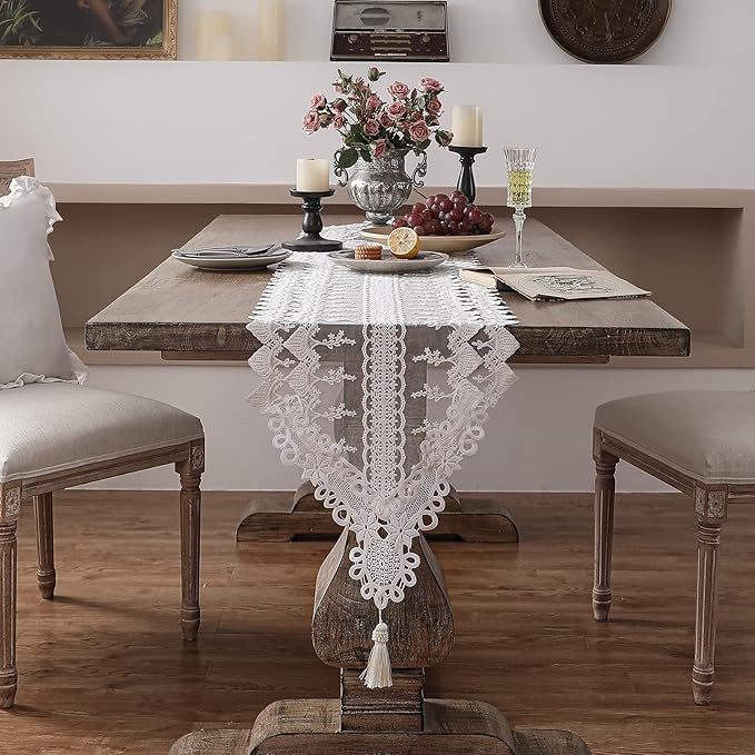 patdrea Designer Vintage White Lace Table Runner,Crochet Decorative Table Covers,Chiffon Embroidered Tasseled Table Runners, Cutwork Dresser Runners,Christmas Wedding Party Bridal 16x71 Inches Long
