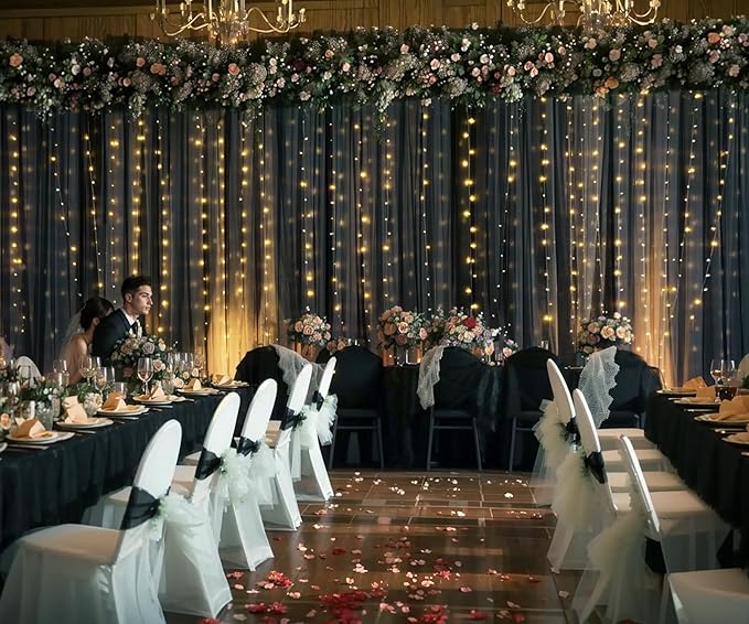 Black Tulle Backdrop Curtain with Lights String for Parites 20ft×8ft Black Sheer Backdrop Curtains for Baby Shower Wedding Bridal Shower Birthday Party Photo Shoot Decorations(4 Panels 5×8ft)