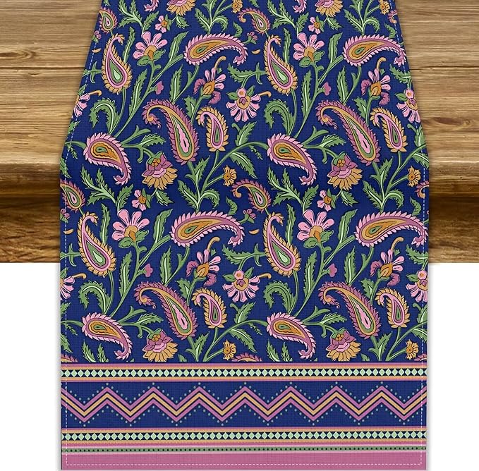 Colorful Paisley Floral Table Runner, Vintage Pink Purple Flowers Green Plants Leaves Print Table Runner for Kitchen Dining Table Indoor Outdoor Home Party, 13x60inch