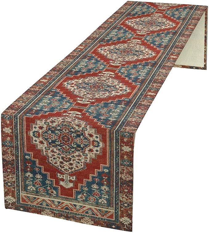 Boho Floral Vintage Table Runner, Red Blue Retro Flower Rustic Country Farmhouse Pattern for Home Kitchen Table Decor Dining Coffee Room Party Decor 13x72in
