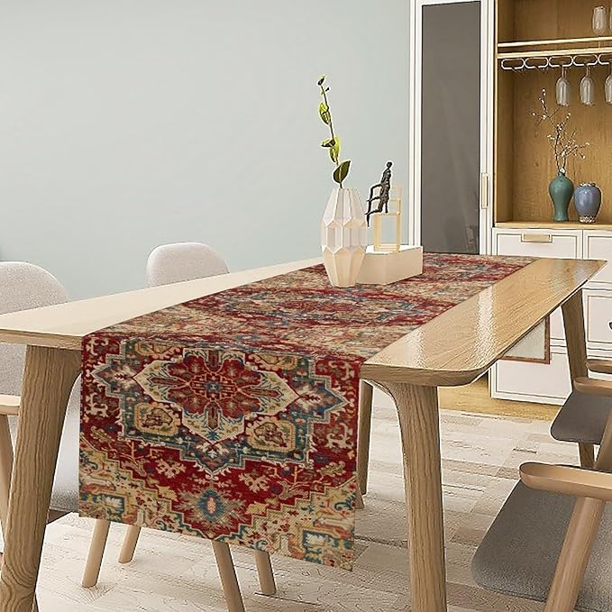 Boho Bohemia Style Table Runner, Vintage Red Brown Retro Flower Rustic Country Style Floral Print Pattern for Home Kitchen Table Decor Dining Coffee Room Garden Party Decor 13x36in