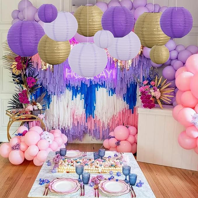Round Paper Lanterns in Purple, Gold and Lavender, 16 Count Mixed Sizes