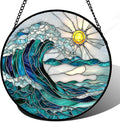 Stained Glass Window Hanging - Blue Green Waves Suncatcher for Door Terrace Garden Home Decor Sunrise Over The Sea Sun Catcher Birthday Gifts for Lovers Women Men Dad Mom Nana 6.3 in