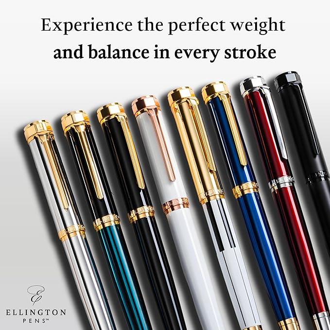 Ellington Pens Luxury Fountain Pen Set - Fountain Pens For Writing - Smooth Fine Nib - Includes Refillable Ink Converter, 3 Ink Cartridges, Gift Box - Calligraphy, Journaling, Sketching (The Stealth)