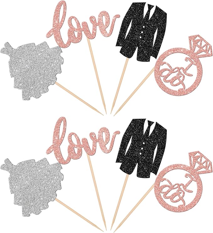 24 PCS Groom and Bride Cupcake Toppers Glitter Ring Love I Do Cupcake Picks Marriage Bridal Shower Cake Decorations for Wedding Engagement Bridal Shower Theme Party Supplies Rose Gold