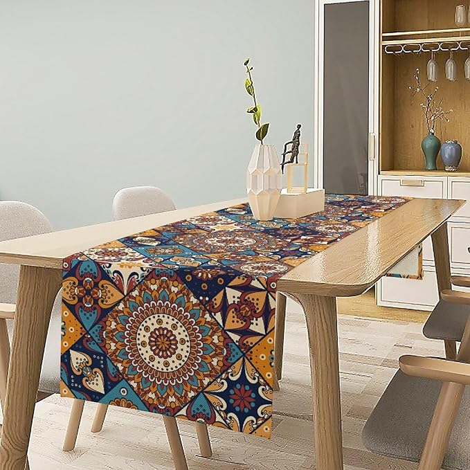 Vintage Mandala Table Runner, Bohemian Brown Blue Tile Traditional Indian Flowers Table Runner for Kitchen Dining Table Office Wedding Party Holiday Home Decor, 13x90inch