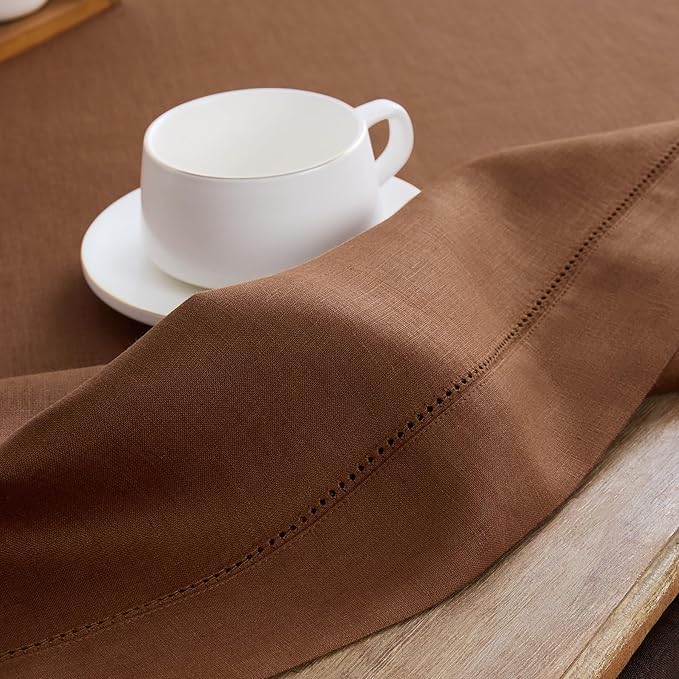 Solino Home Linen Brown Table Runner 120 Inches Long - 100% Pure Linen Hemstitch 14 x 120 Inch Table Runner for Dining, Fall, Autumn, Thanksgiving - Classic Hemstitch