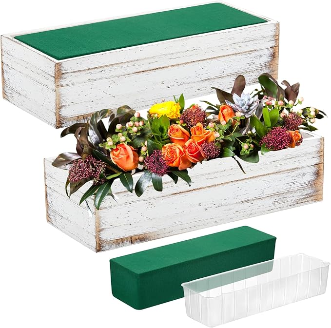Planter Boxes Set of 4, White Rustic Wood Centerpiece Boxes with Liners