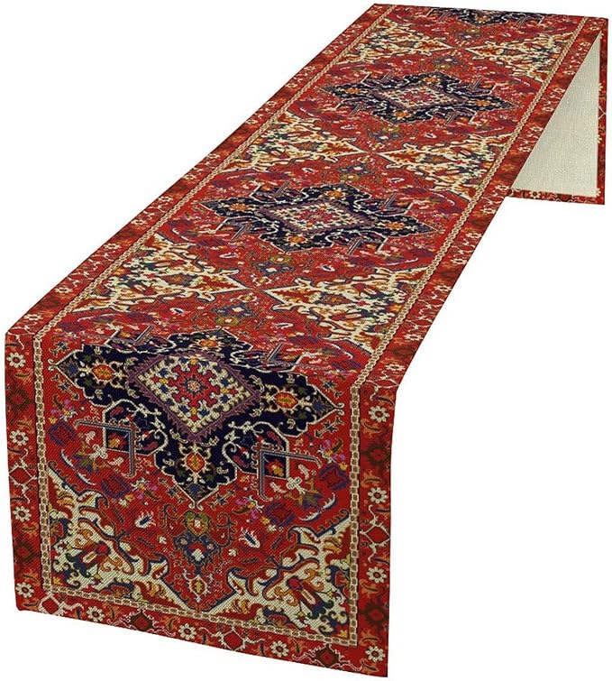 Boho Old French Table Runner, Vintage Red Beige Retro Flower Rustic Country Style Floral Print Pattern for Home Kitchen Table Decor Dining Coffee Room Garden Party Decor 13x36in