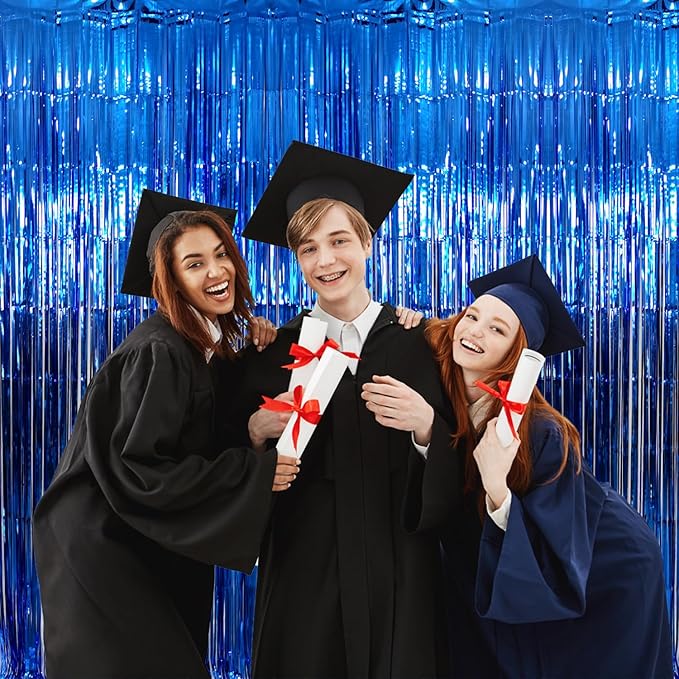 GOER 3.2 ft x 9.8 ft Metallic Tinsel Foil Fringe Curtains Party Photo Backdrop Party Streamers for Birthday,Graduation,New Year Eve Decorations Wedding Decor (Navy Blue,3 pcs)