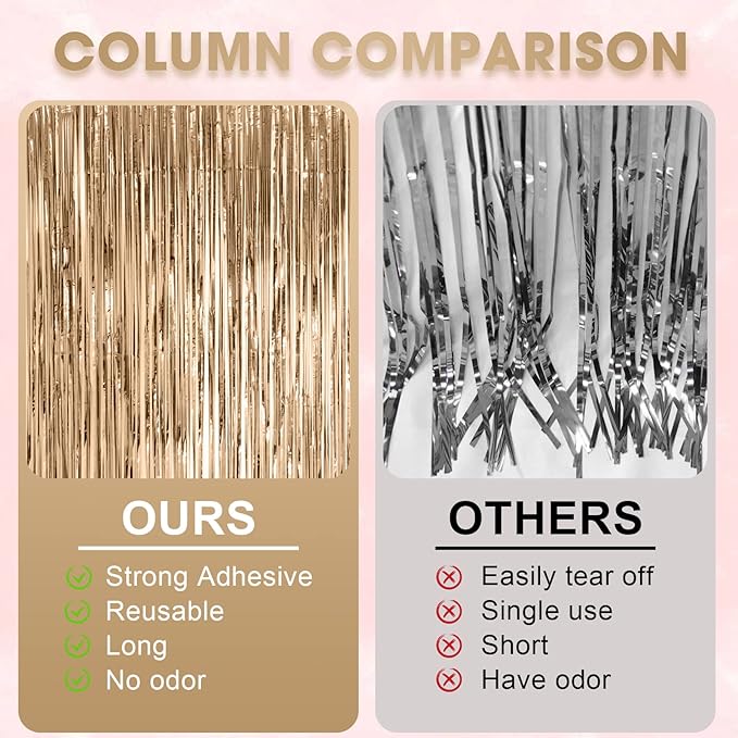 4 Pack Champagne Foil Fringe Backdrop Curtains, Tinsel Streamers Birthday Party Decorations, Fringe Backdrop for Graduation, Baby Shower, Gender Reveal, Disco Party