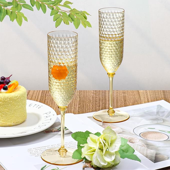 Champagne Glasses 24 Pack, Amber Detachable 2-Piece Plastic Flutes 5.5 oz