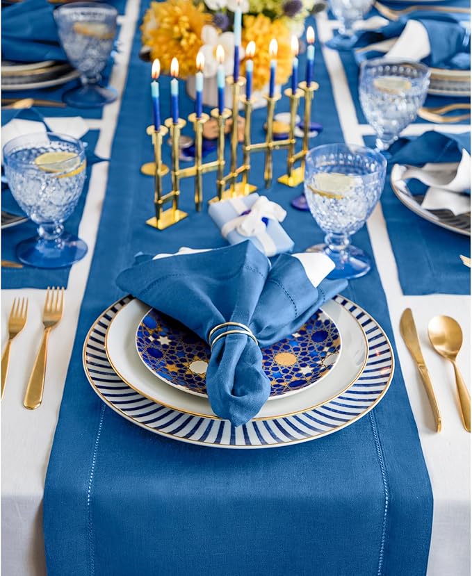 Solino Home Linen Indigo Blue Table Runner 132 Inches Long - 100% Pure Linen Extra Long Table Runner 14 x 132 Inch for Fall, Autumn - Classic Hemstitch
