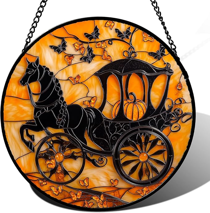Stained Glass Window Hanging - Halloween Pumpkin Carriage Suncatcher for Doors Window Garden Indoor Spooky Funny Orange Sun Catchers Gothic Decor Horror Gifts for Women Men Friend 15 in