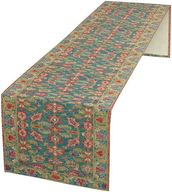 Vintage Boho Floral Table Runner, Rustic Country Farmhouse Teal Red Purple Flower Pattern for Home Kitchen Table Decor Dining Coffee Room Party Decor 13x36in