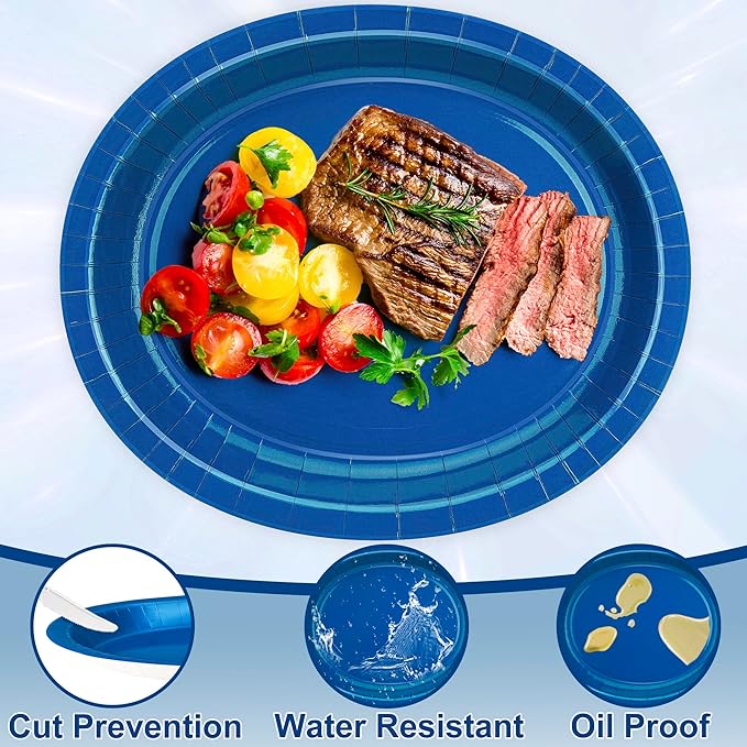 QZYL 50 Count Blue Oval Large Paper Plates, 12.2'' X 10.2'', Bulk Dinner Plates for Birthday, Picnic, Holiday, Camping, Barbecue, Baby Shower Parties